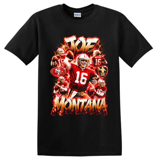 Joe Montana 49ers quarterback collage with No. 16 action, lightning, and distressed on a Black T Shirt