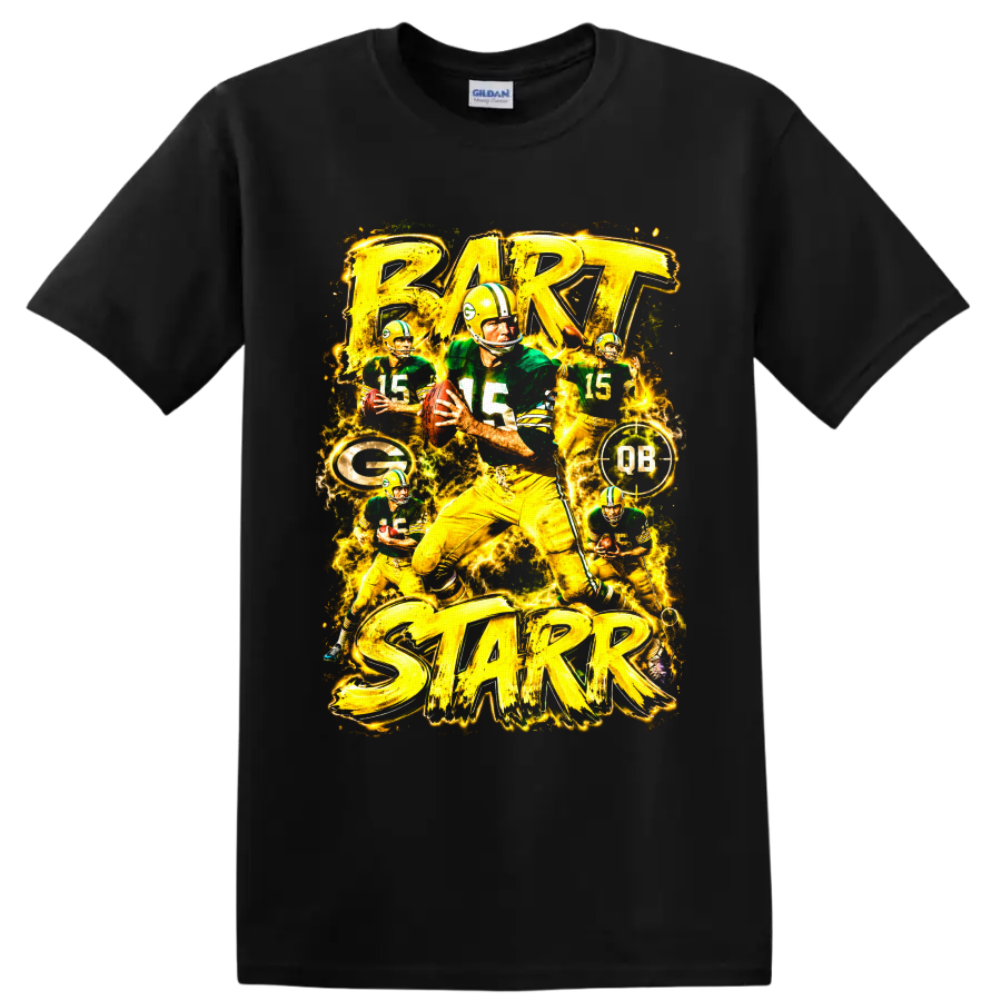 Bart Starr Green Bay Packers quarterback collage with vintage action art and electric on a Black T Shirt