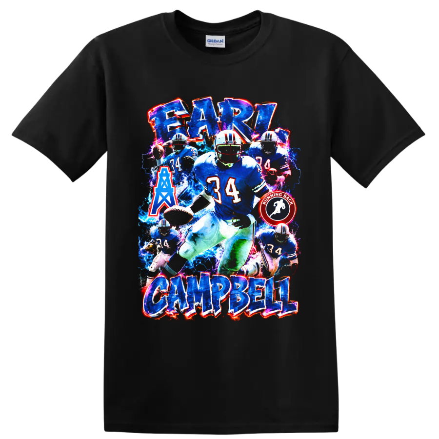 Earl Campbell Houston Oilers number 34 football collage with electric blue effects on a Black T Shirt