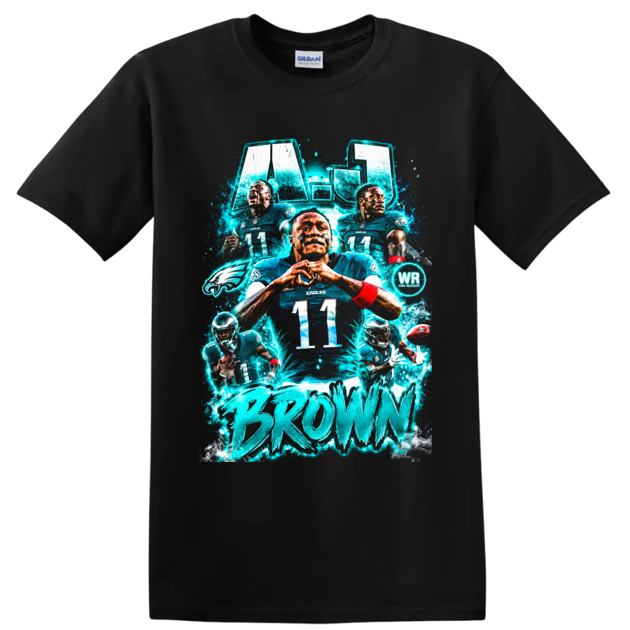 A.J. Brown Philadelphia Eagles number 11 electric teal football collage graphic on a Black T Shirt