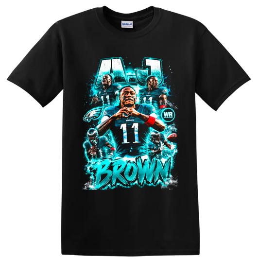 A.J. Brown Philadelphia Eagles number 11 electric teal football collage graphic on a Black T Shirt