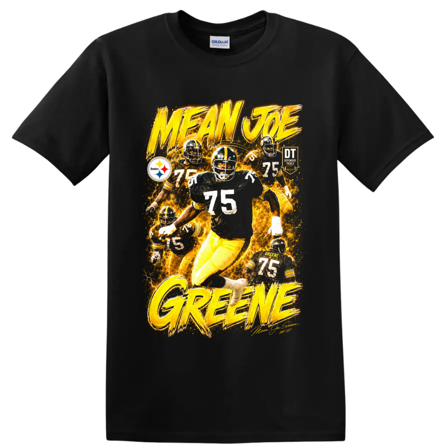 Mean Joe Greene Steelers number 75 fiery vintage football action graphic on a Black T Shirt