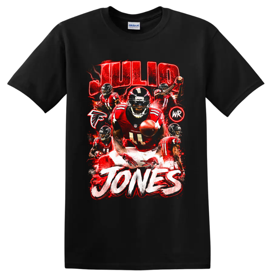 Julio Jones Atlanta Falcons action collage with red lightning and JULIO JONES text on a Black T Shirt