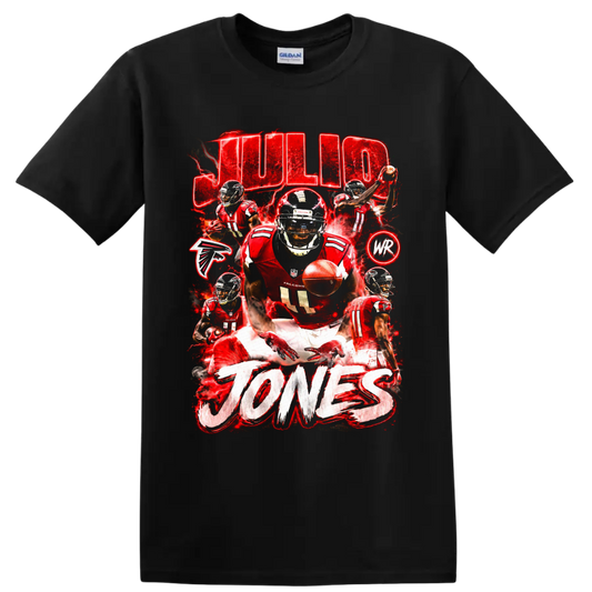 Julio Jones Atlanta Falcons action collage with red lightning and JULIO JONES text on a Black T Shirt