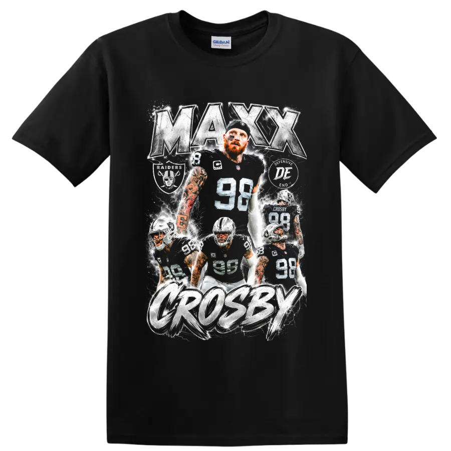 Maxx Crosby Raiders number 98 action collage with metallic lettering and lightning on a Black T Shirt