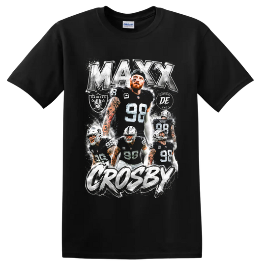 Maxx Crosby Raiders number 98 action collage with metallic lettering and lightning on a Black T Shirt