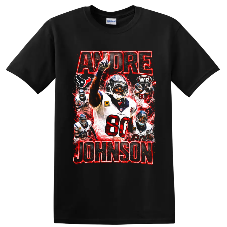 Andre Johnson Houston Texans number 80 action collage with red lightning and bold on a Black T Shirt