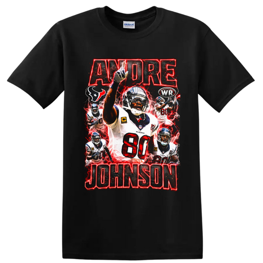 Andre Johnson Houston Texans number 80 action collage with red lightning and bold on a Black T Shirt