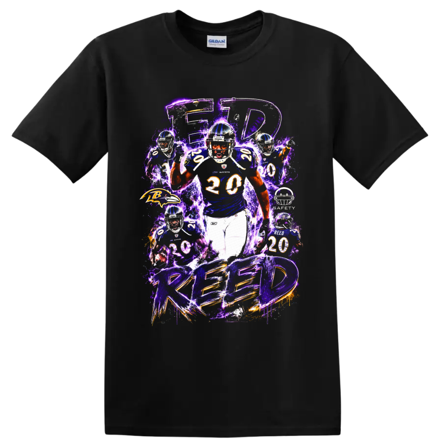 Ed Reed Baltimore Ravens safety collage with purple lightning and REED lettering on a Black T Shirt