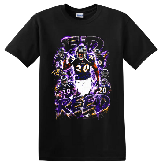 Ed Reed Baltimore Ravens safety collage with purple lightning and REED lettering on a Black T Shirt