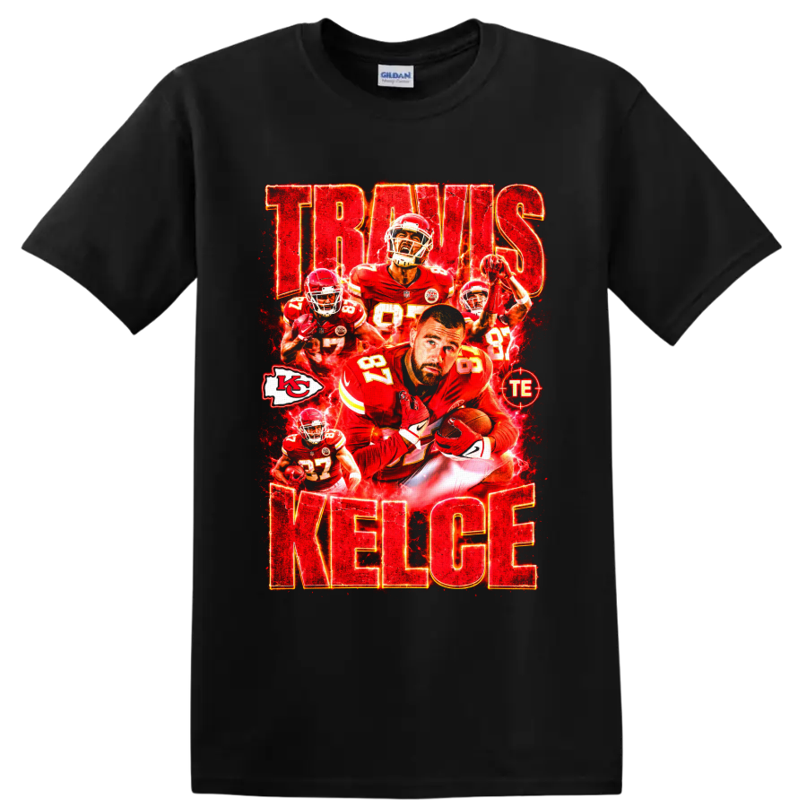 Travis Kelce Chiefs number 87 football collage with electric red TRAVIS KELCE text on a Black T Shirt
