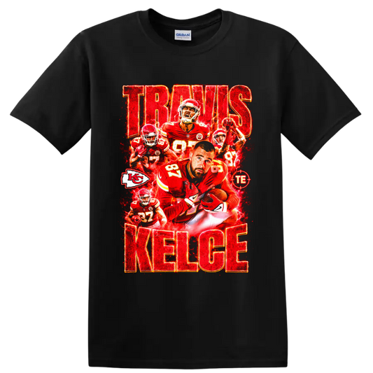 Travis Kelce Chiefs number 87 football collage with electric red TRAVIS KELCE text on a Black T Shirt
