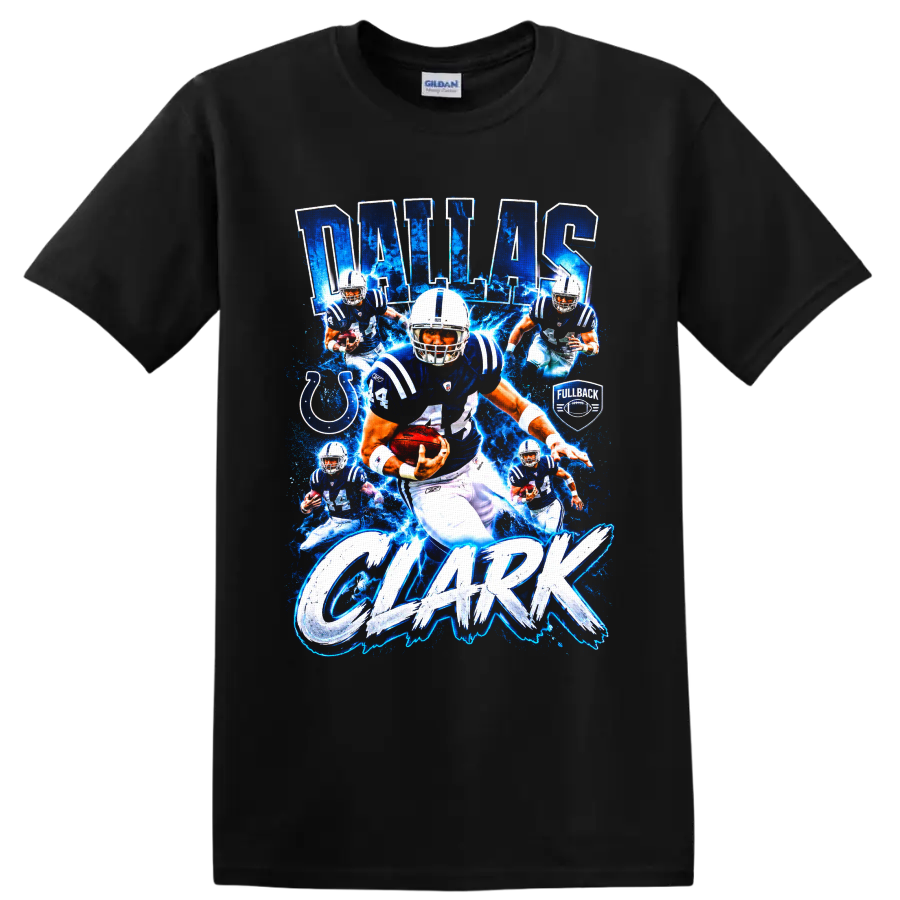 Dallas Clark Colts football action collage with number 44, lightning, and bold name text on a Black T Shirt