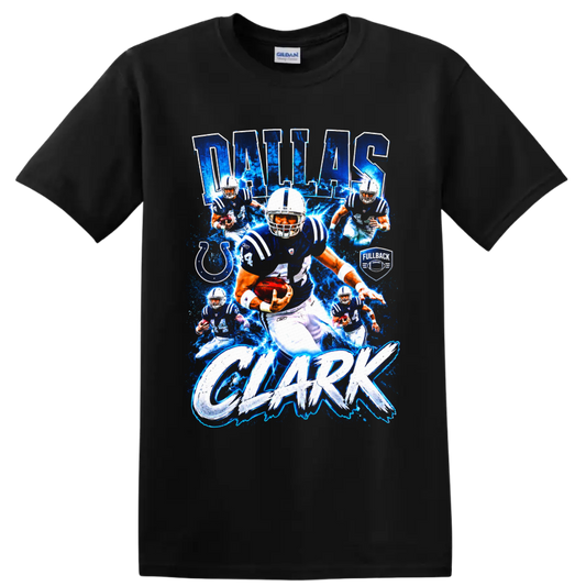 Dallas Clark Colts football action collage with number 44, lightning, and bold name text on a Black T Shirt