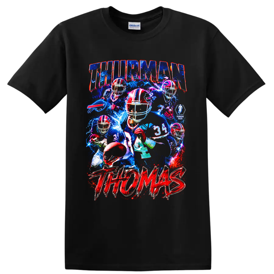 Thurman Thomas Buffalo Bills running back electric football collage with bold lettering on a Black T Shirt