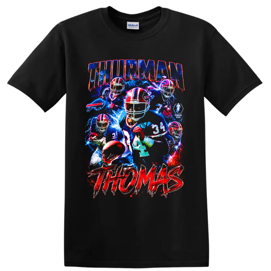 Thurman Thomas Buffalo Bills running back electric football collage with bold lettering on a Black T Shirt