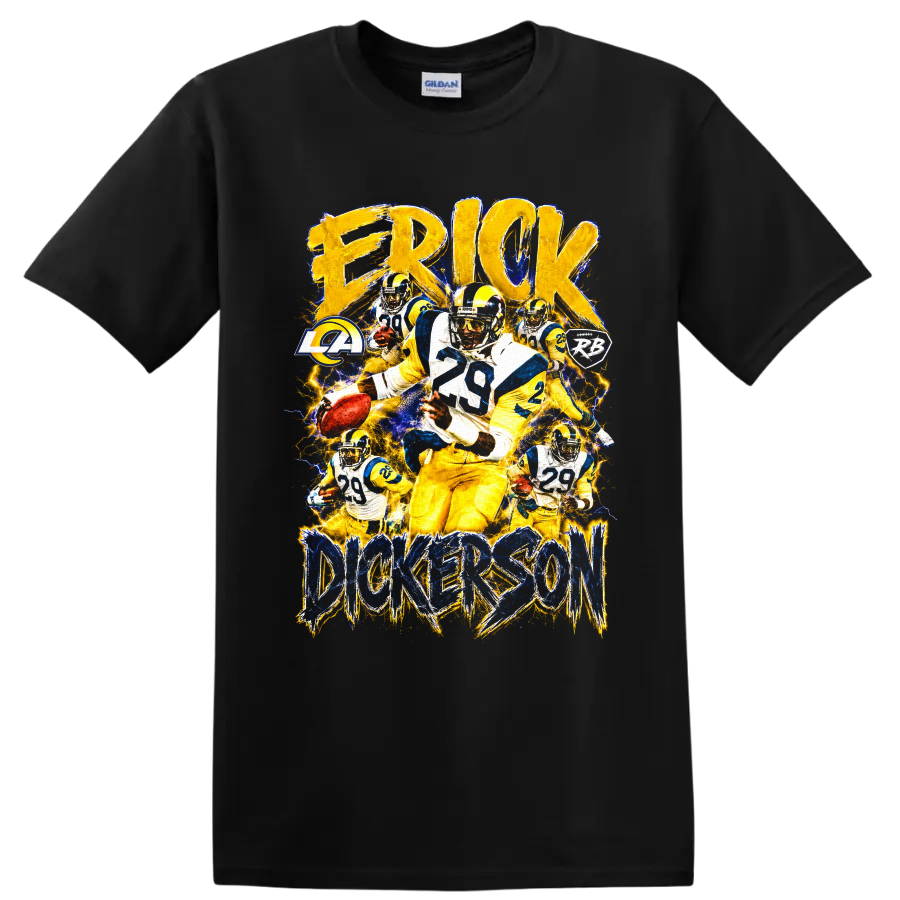 Eric Dickerson Rams running back collage with distressed lettering and lightning on a Black T Shirt