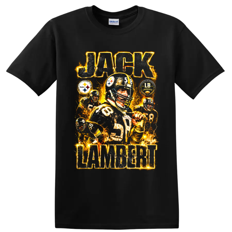 Jack Lambert Steelers number 58 vintage football collage with gold lightning on a Black T Shirt