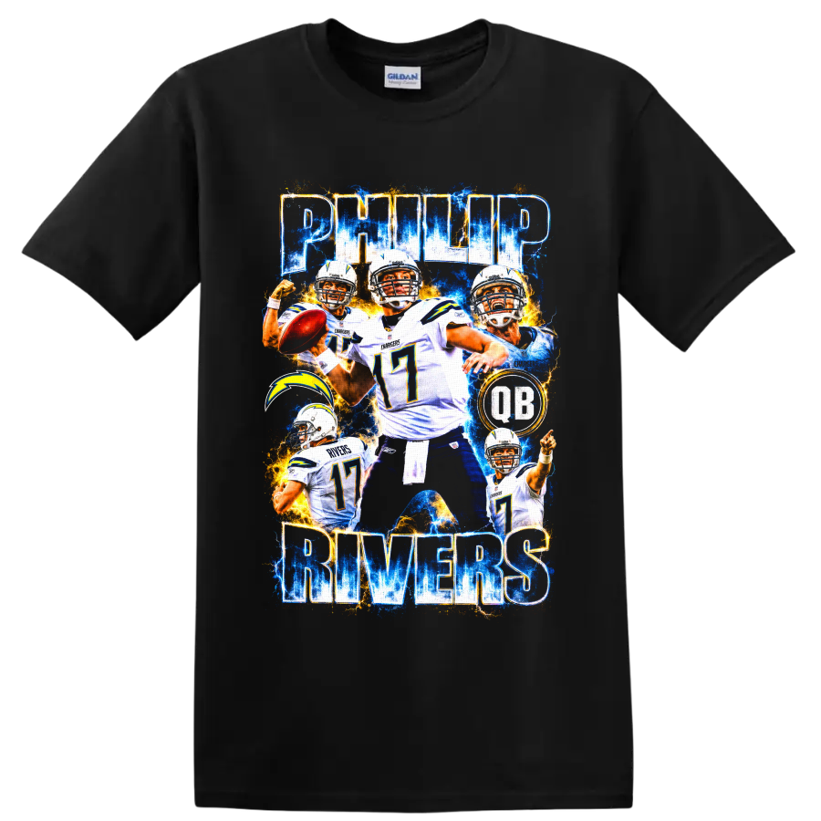 Philip Rivers Chargers quarterback collage with number 17, lightning bolt, and electric on a Black T Shirt