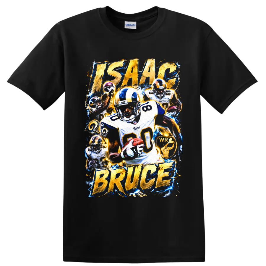 Isaac Bruce Rams number 80 football collage with gold lettering and electric blue effects on a Black T Shirt