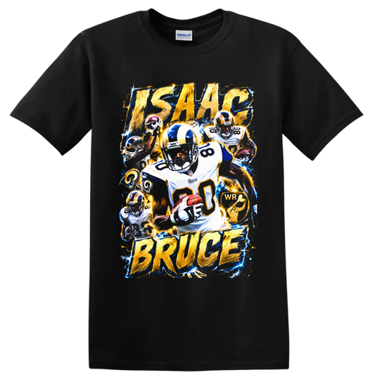 Isaac Bruce Rams number 80 football collage with gold lettering and electric blue effects on a Black T Shirt