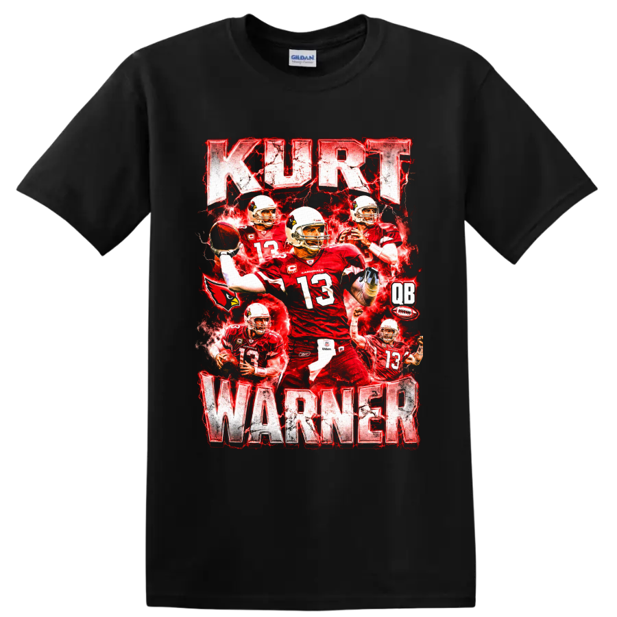 Kurt Warner Arizona Cardinals number 13 football collage with red lightning on a Black T Shirt