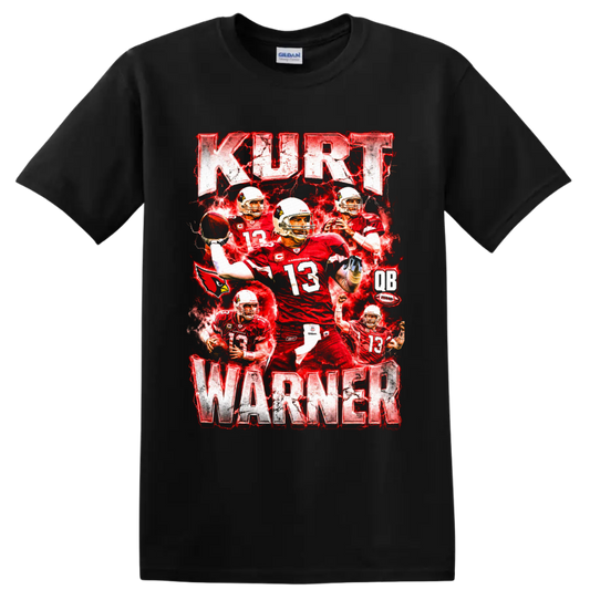 Kurt Warner Arizona Cardinals number 13 football collage with red lightning on a Black T Shirt