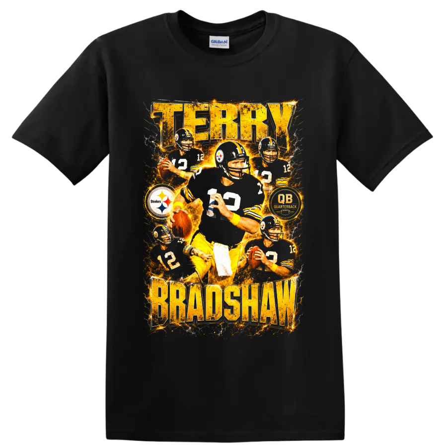 Terry Bradshaw Steelers number 12 quarterback collage with electric gold lettering on a Black T Shirt