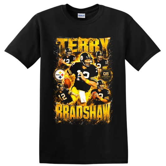 Terry Bradshaw Steelers number 12 quarterback collage with electric gold lettering on a Black T Shirt