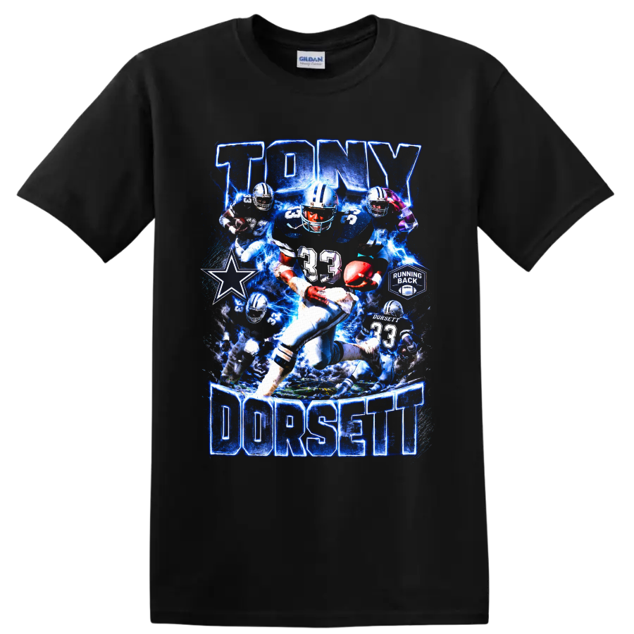 Tony Dorsett Dallas Cowboys number 33 running back collage with blue lightning on a Black T Shirt