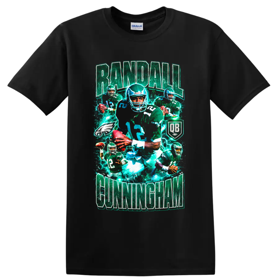 Randall Cunningham Philadelphia Eagles quarterback vintage collage with electric football on a Black T Shirt