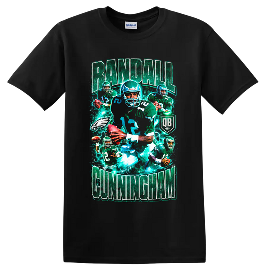 Randall Cunningham Philadelphia Eagles quarterback vintage collage with electric football on a Black T Shirt