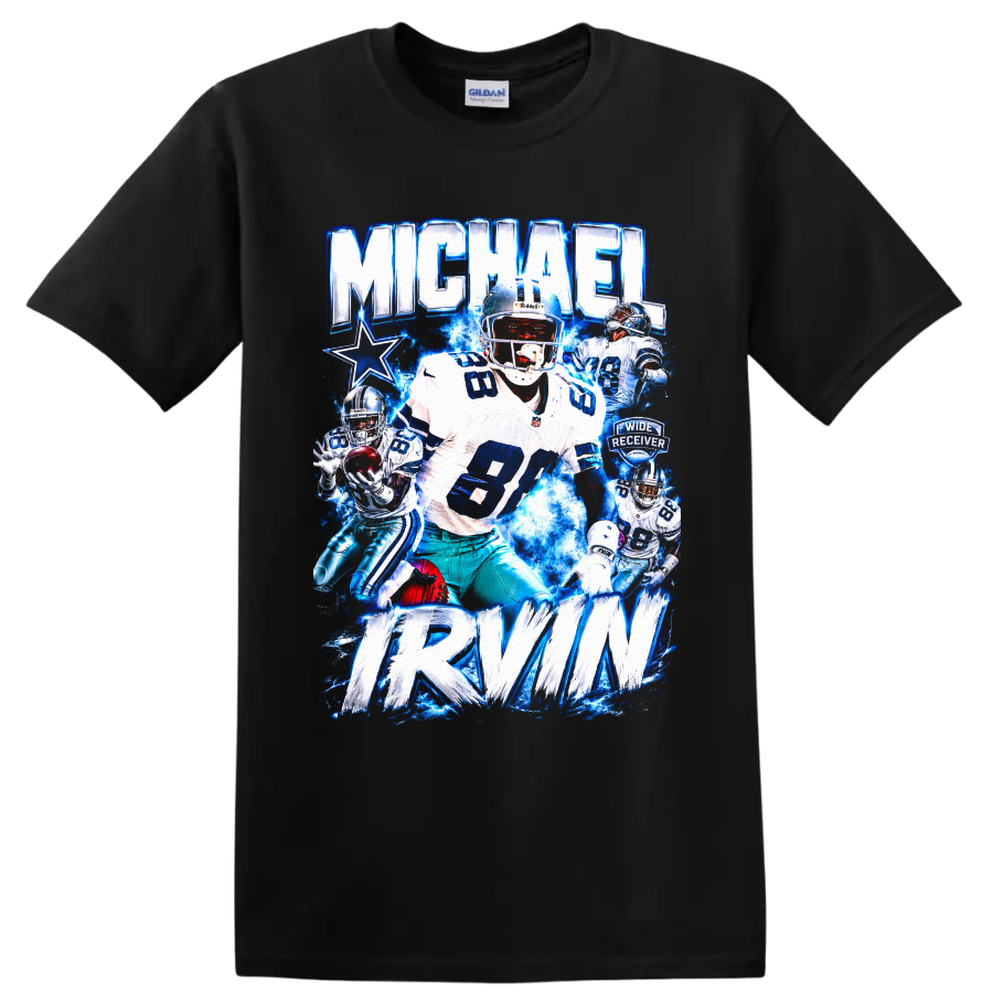 Michael Irvin Dallas Cowboys number 88 wide receiver electric blue graphic collage on a Black T Shirt