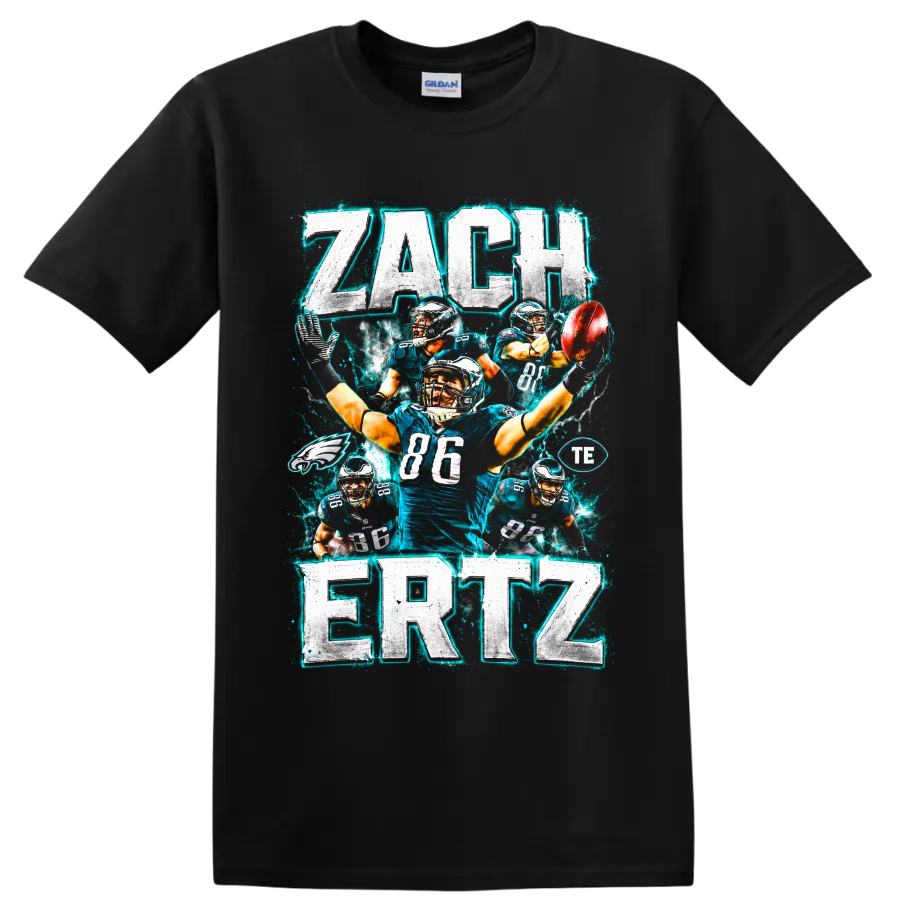 Zach Ertz Eagles number 86 football collage with distressed electric lettering on a Black T Shirt