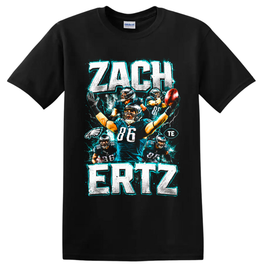 Zach Ertz Eagles number 86 football collage with distressed electric lettering on a Black T Shirt