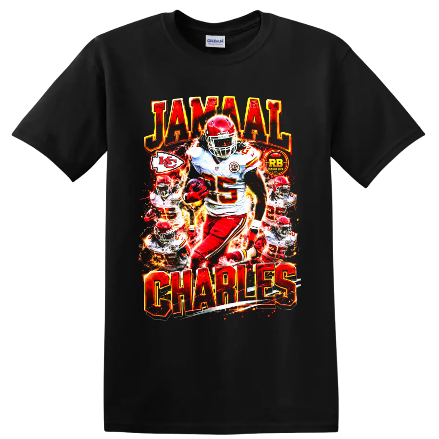 Jamaal Charles Chiefs number 25 fiery football action collage with JAMAAL CHARLES text on a Black T Shirt