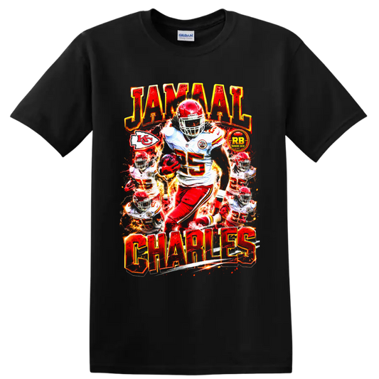 Jamaal Charles Chiefs number 25 fiery football action collage with JAMAAL CHARLES text on a Black T Shirt