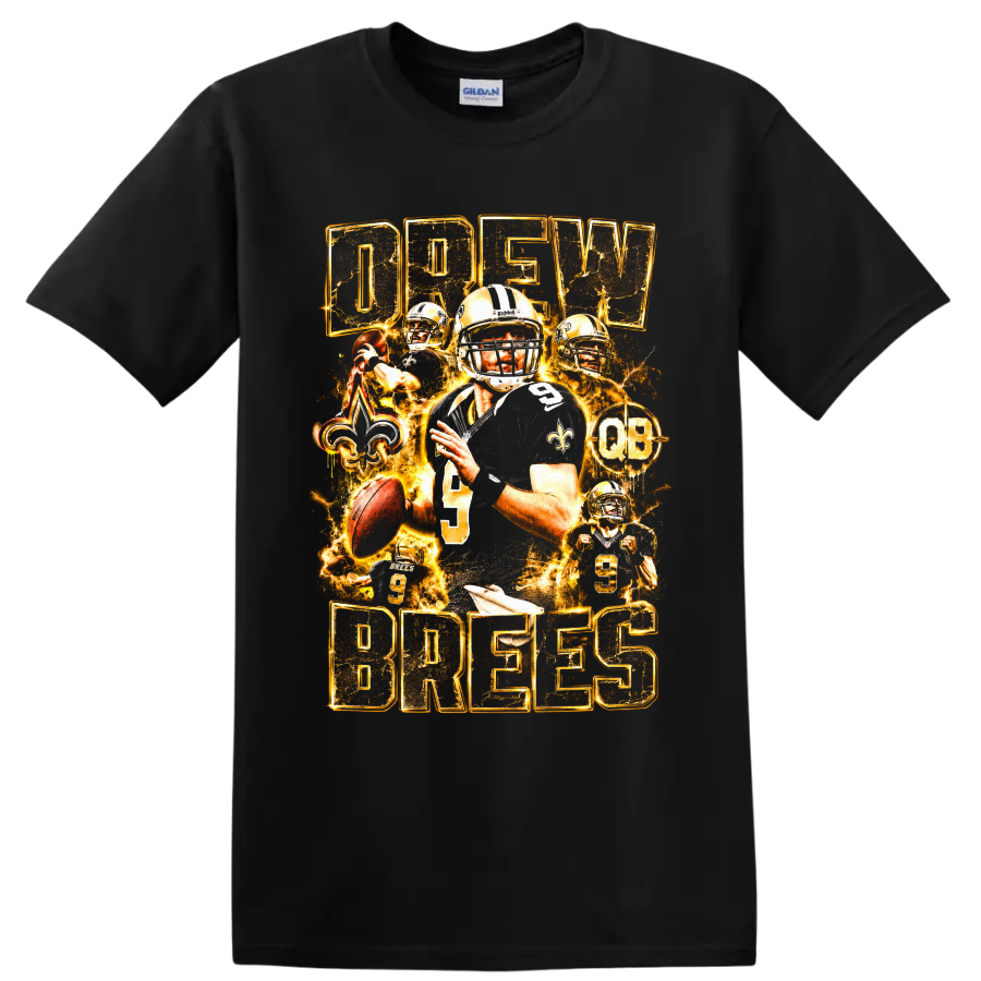 Drew Brees Saints quarterback collage with number 9, fleur-de-lis, and gold lightning on a Black T Shirt