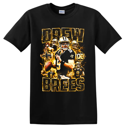 Drew Brees Saints quarterback collage with number 9, fleur-de-lis, and gold lightning on a Black T Shirt