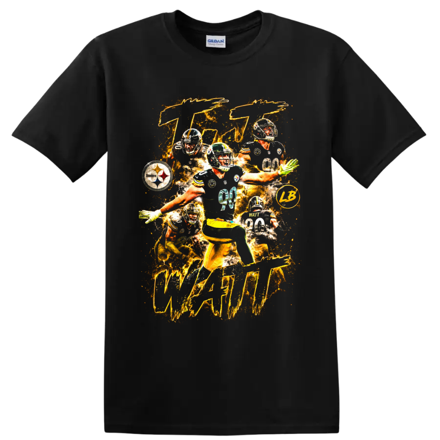 T.J. Watt Steelers number 90 action collage with gold lightning on a Black T Shirt