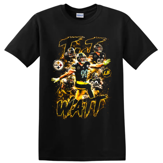 T.J. Watt Steelers number 90 action collage with gold lightning on a Black T Shirt