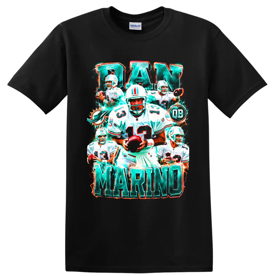 Dan Marino Miami Dolphins quarterback collage with number 13, QB badge, and bold name on a Black T Shirt