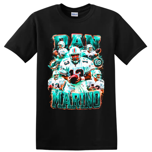 Dan Marino Miami Dolphins quarterback collage with number 13, QB badge, and bold name on a Black T Shirt