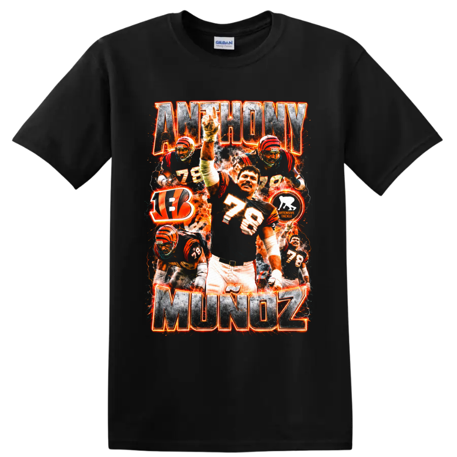 Anthony Muñoz Bengals number 78 football collage with fiery orange graphics on a Black T Shirt