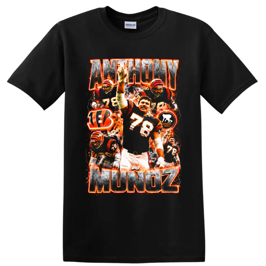 Anthony Muñoz Bengals number 78 football collage with fiery orange graphics on a Black T Shirt