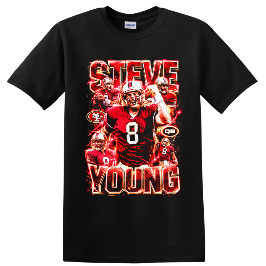 Steve Young 49ers number 8 quarterback collage with STEVE YOUNG lettering on a Black T Shirt