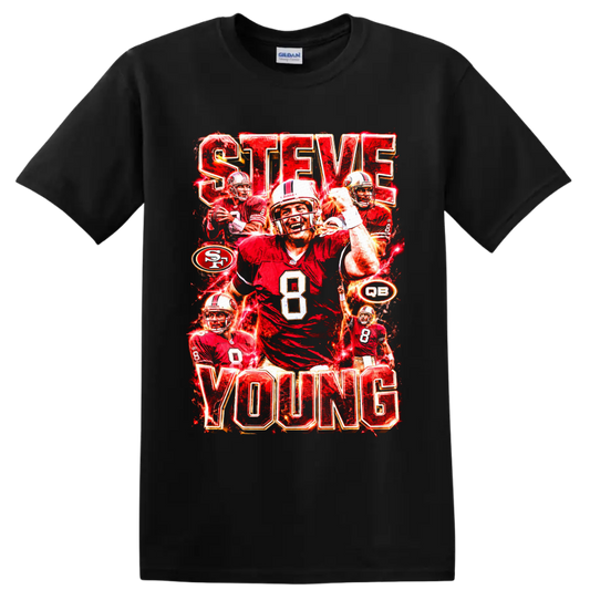 Steve Young 49ers number 8 quarterback collage with STEVE YOUNG lettering on a Black T Shirt