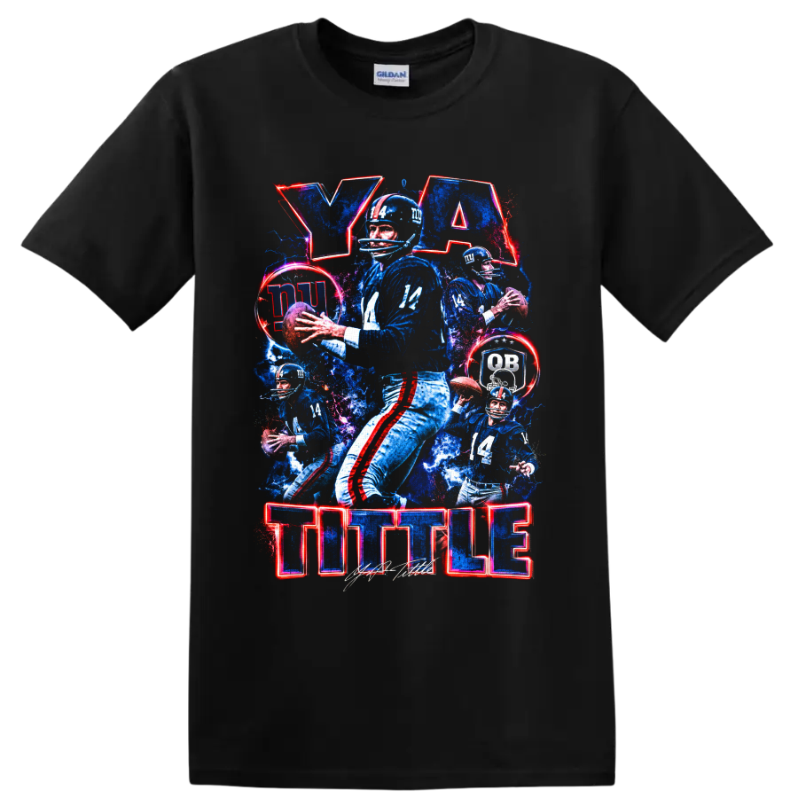 Y. A. Tittle New York Giants number 14 quarterback collage with TITTLE lettering on a Black T Shirt