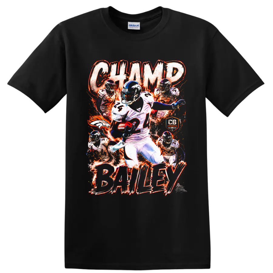 Champ Bailey Denver Broncos number 24 cornerback collage with fiery action graphics on a Black T Shirt