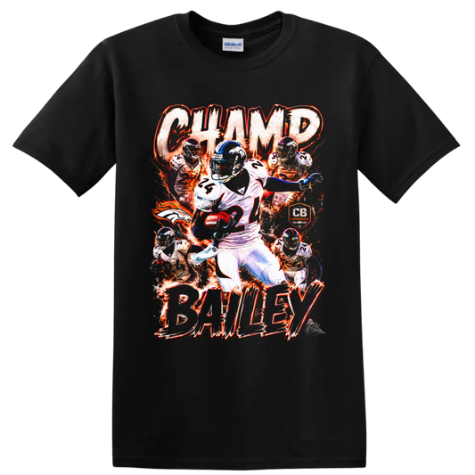 Champ Bailey Denver Broncos number 24 cornerback collage with fiery action graphics on a Black T Shirt